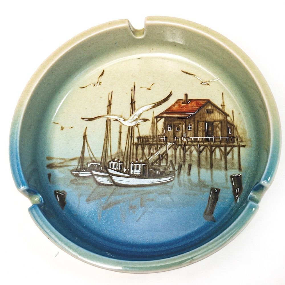 Vintage Otagiri Ceramic Ashtray Harbor Seagulls Boats Japan